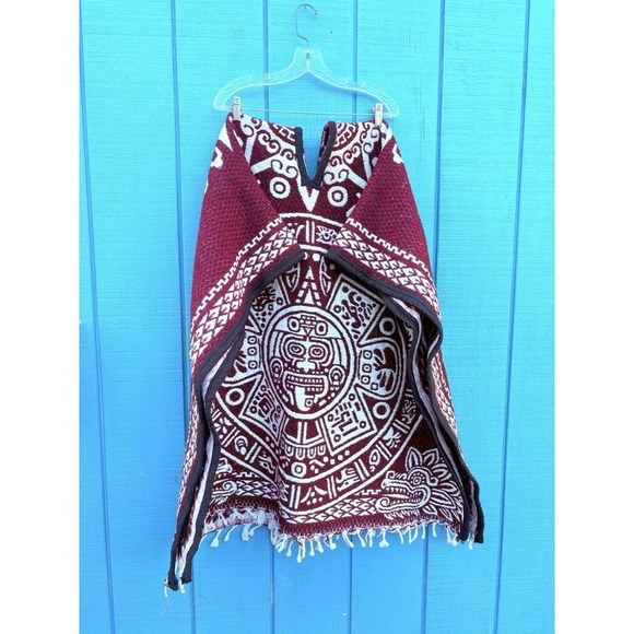 Other - One Size Poncho Burgundy Red With White Hand Made In‎ México Aztec Calendar